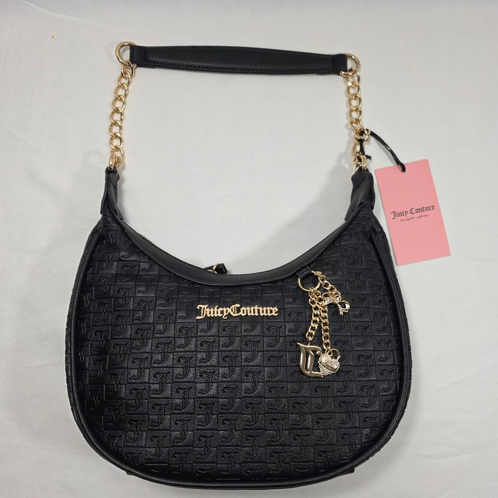 Juicy Couture Black Monogram Embossed Hobo Shoulder Bag Gold Tone Hardware NWT